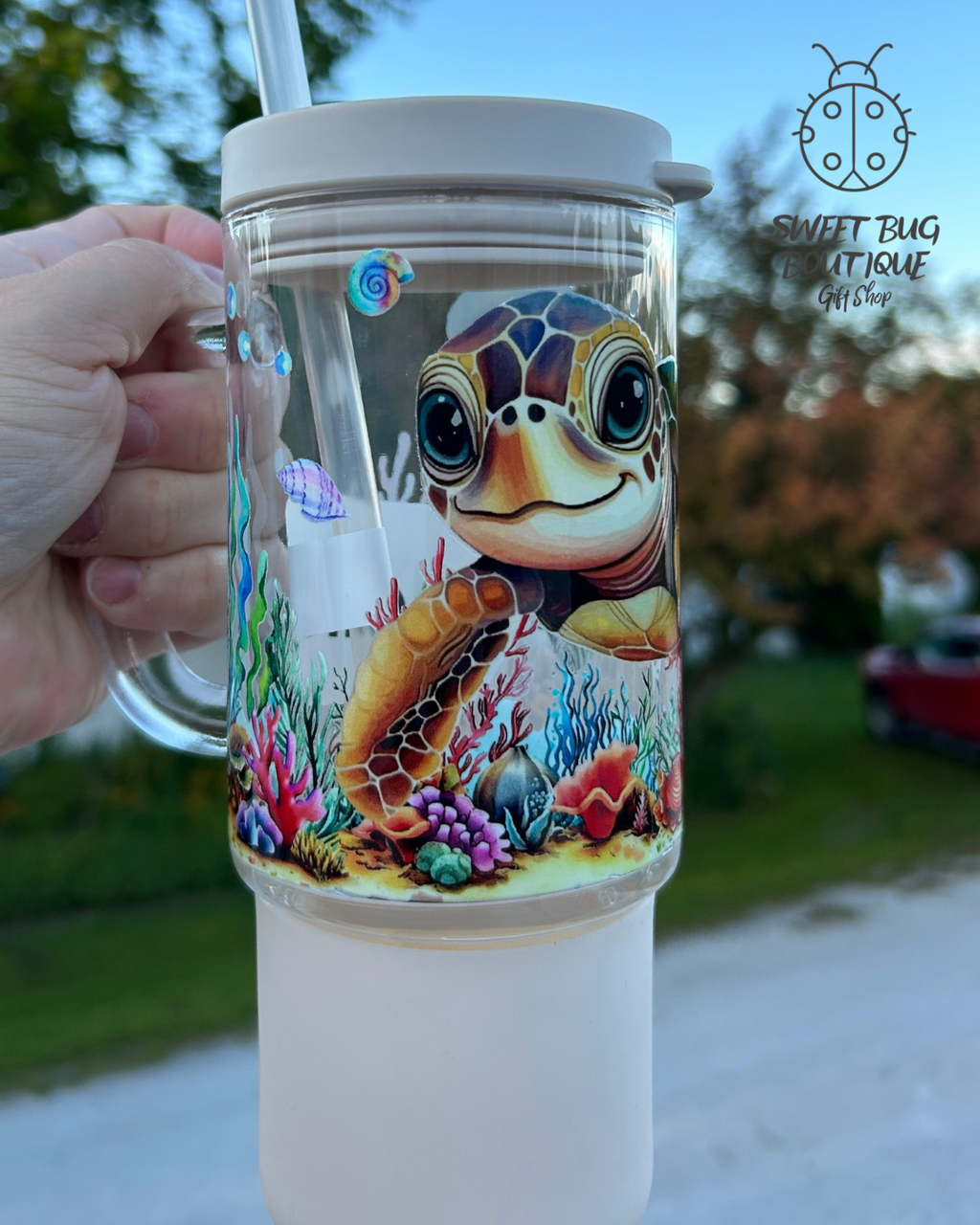 Decorated Glass Mug with lid