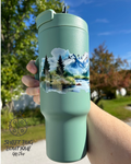 Decorated Mug with Lid and Straw: Green with Landscape