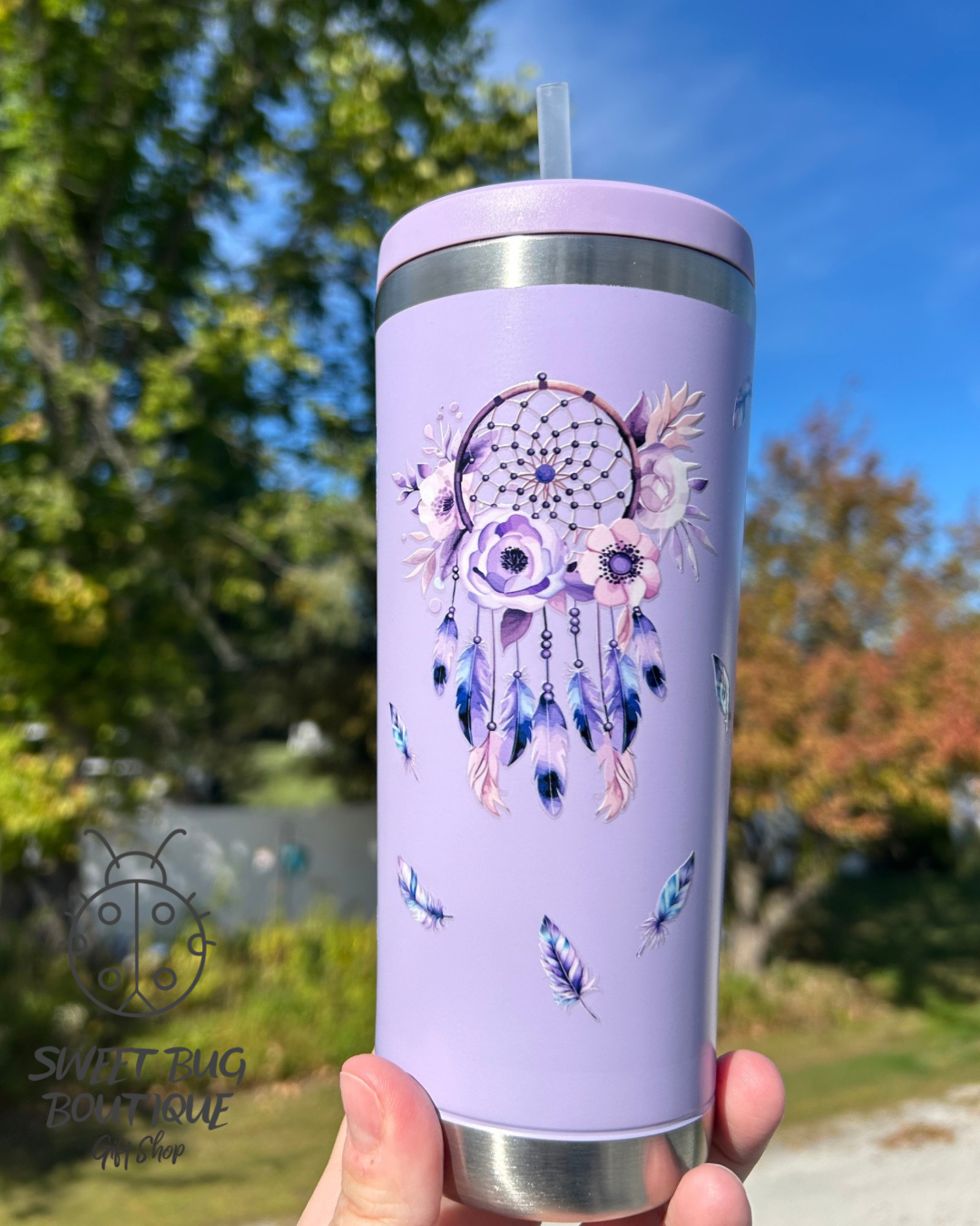 Decorated Mug with Lid and Straw: Purple, Dream Catcher and Feathers