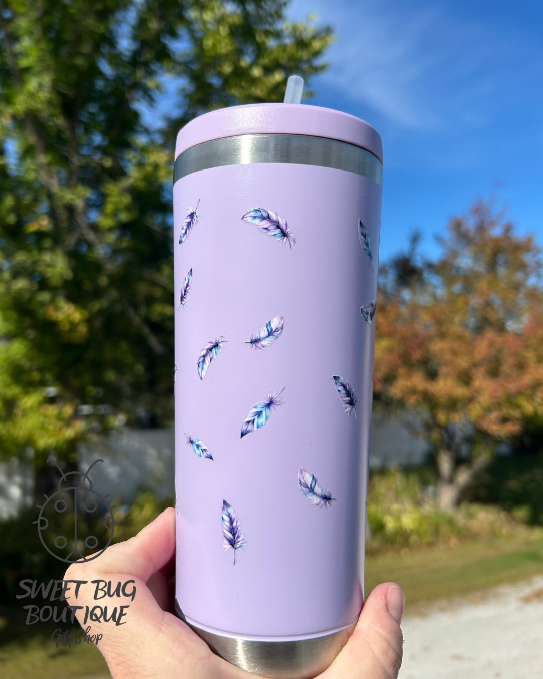 Decorated Mug with Lid and Straw: Purple, Dream Catcher and Feathers