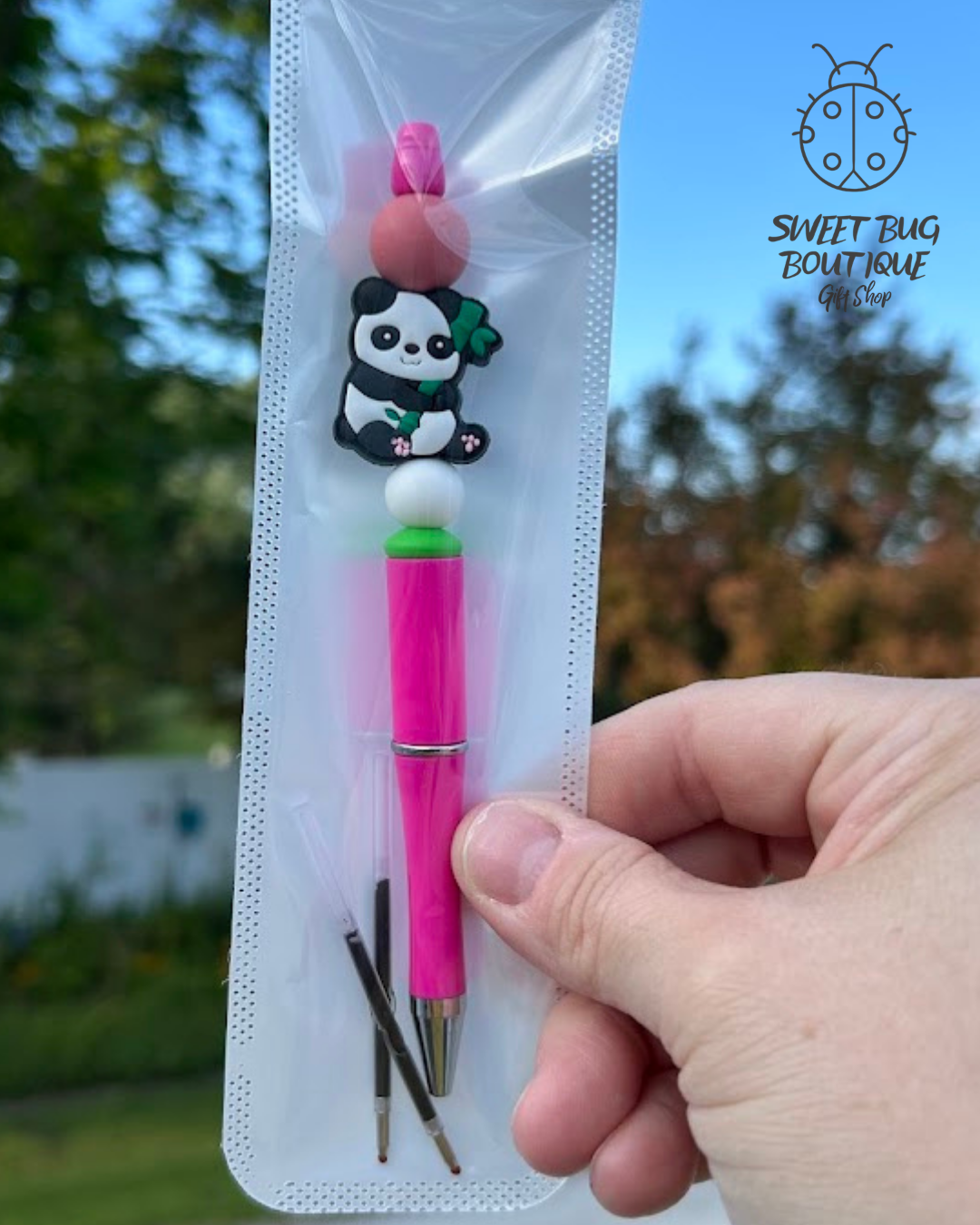 Pen with Decorative Beads Hot Pink Panda