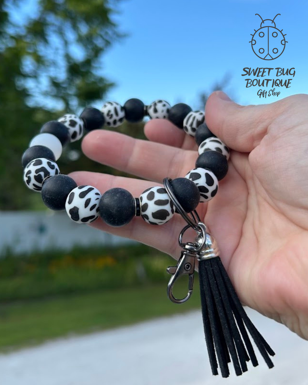 Keychain Bracelet Black Cow Print
