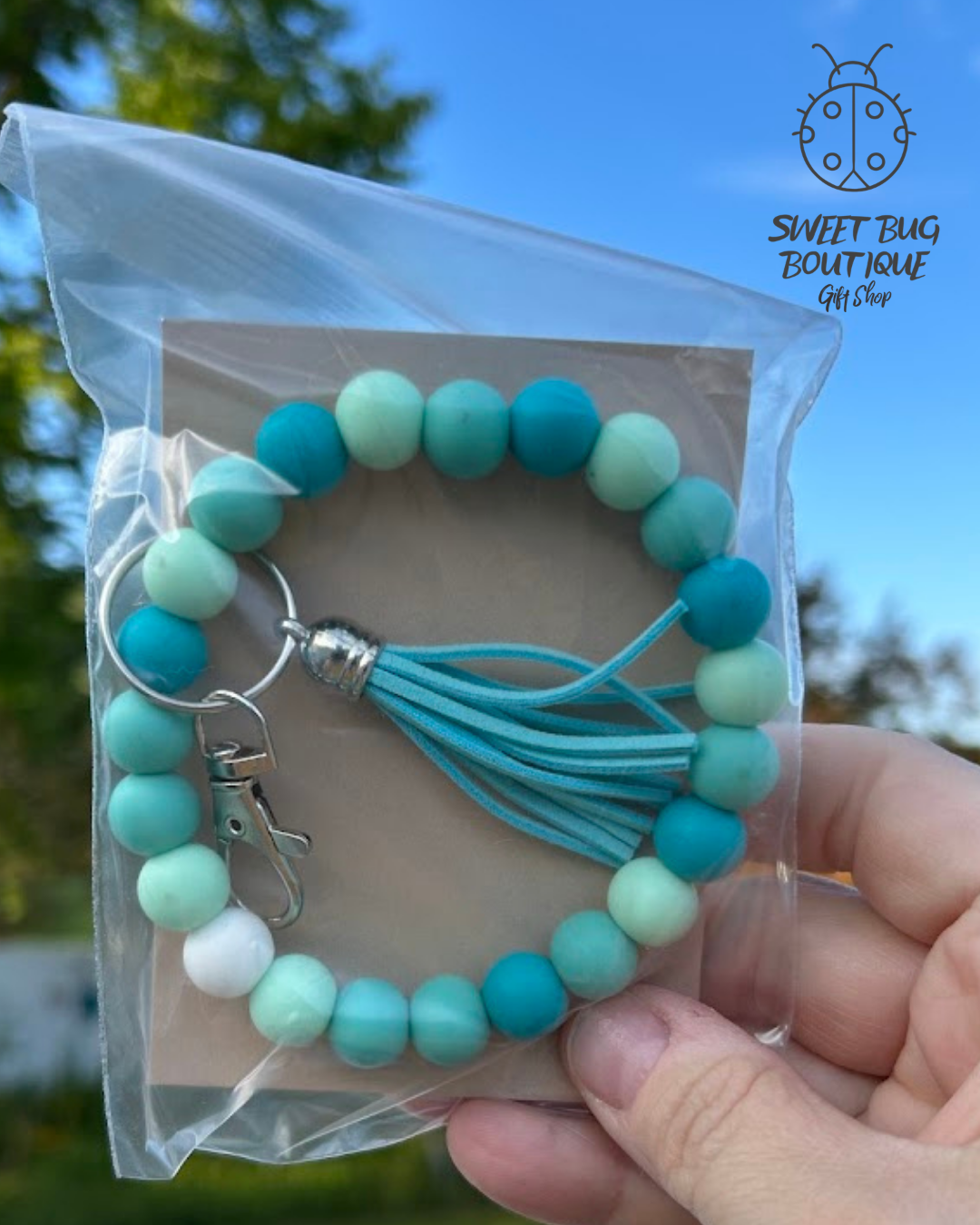 Keychain Bracelet Teal Small Beads