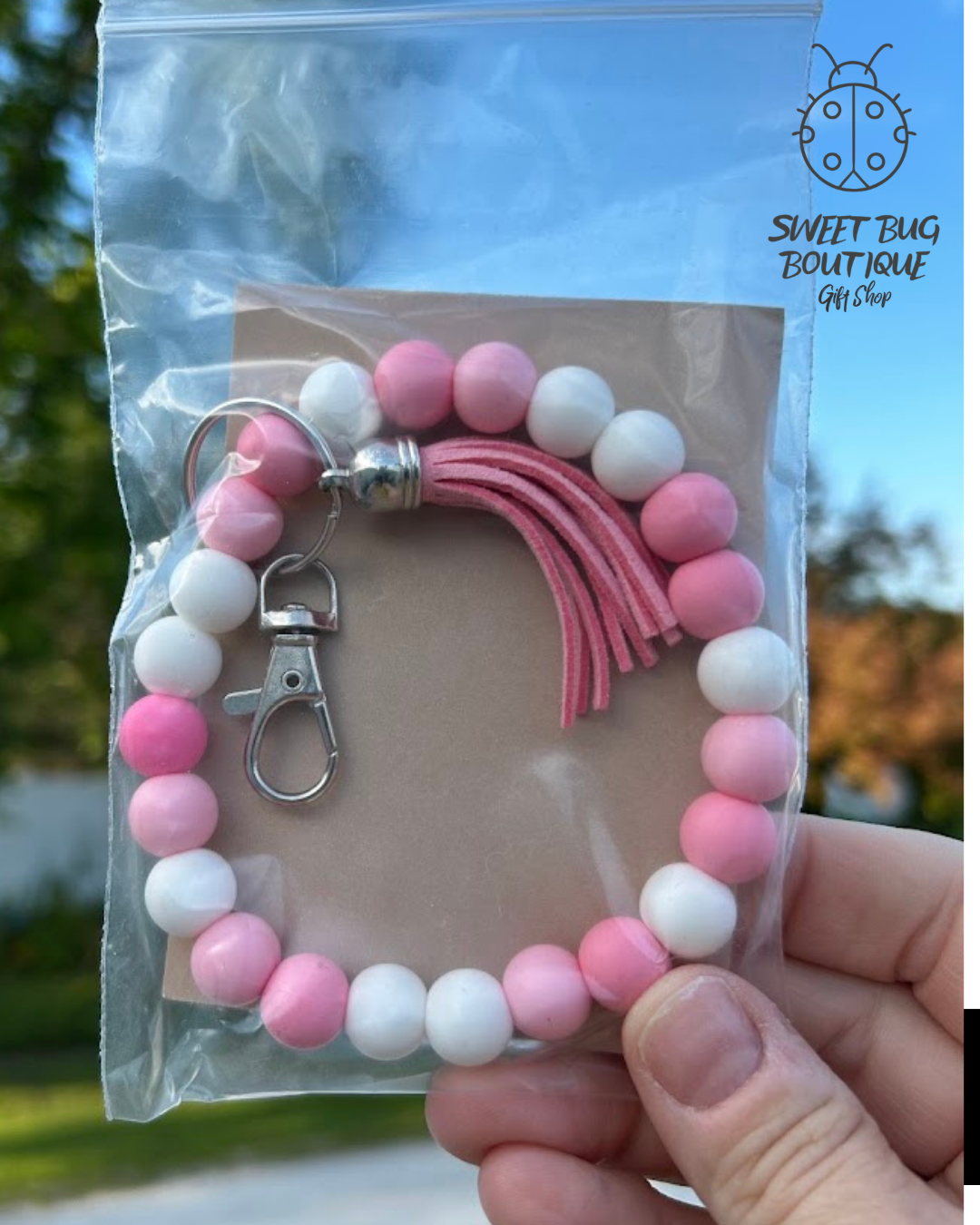 Keychain Bracelet Pink Small Beads