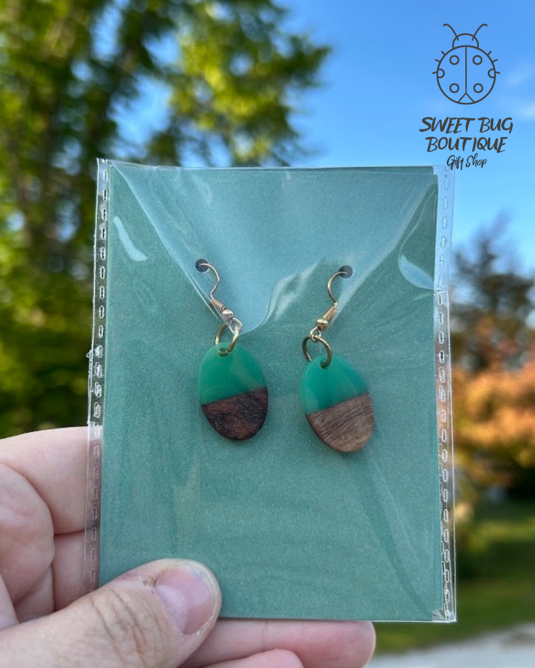 Earrings Wood and Teal Resin