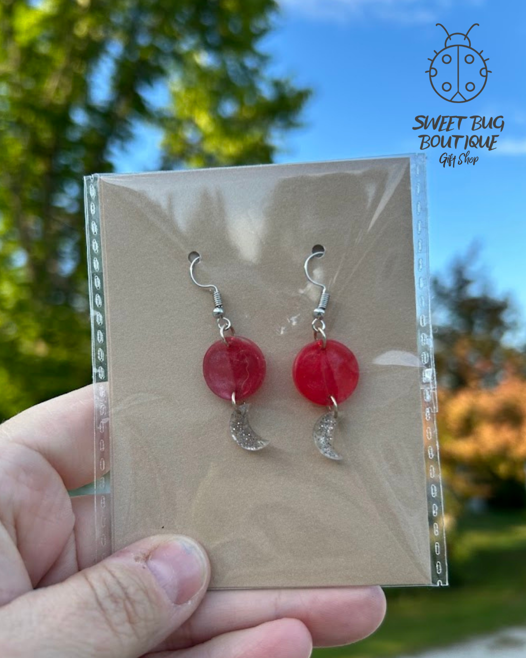 Earrings Red Mini Circles and Moons