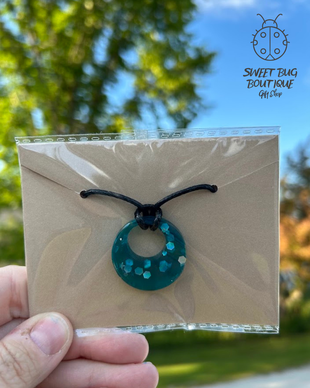 Necklace with Handmade Pendent Teal Glitter Resin Circle