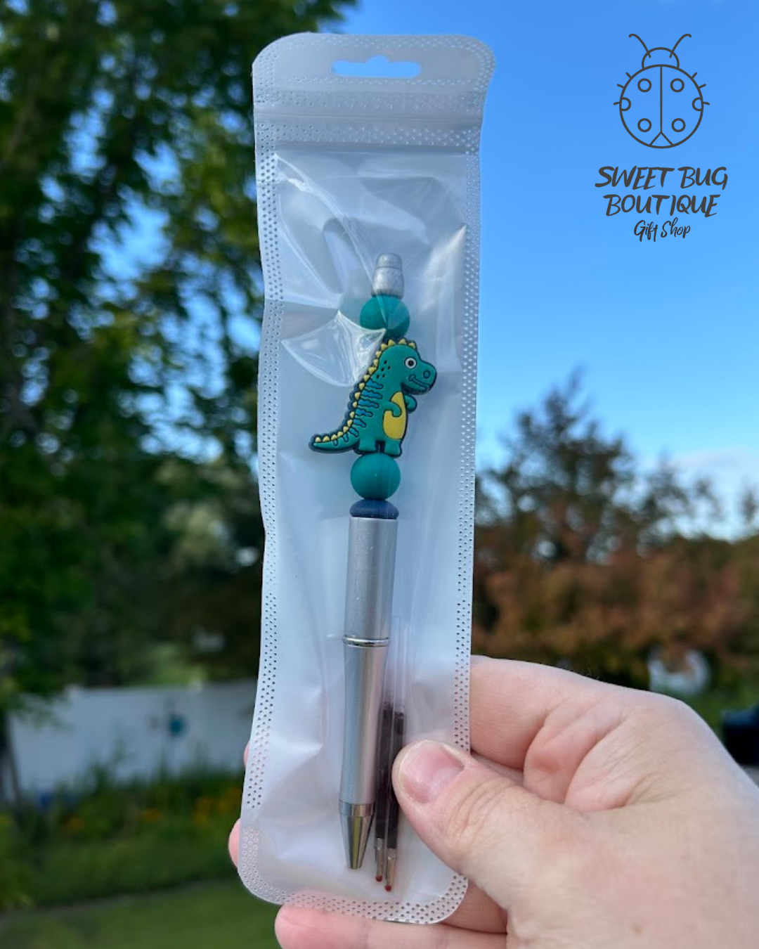 Pen with Decorative Beads Silver and Green Dino