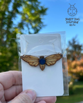 Necklace with Handmade Pendent Wooden Moth with Blue Resin