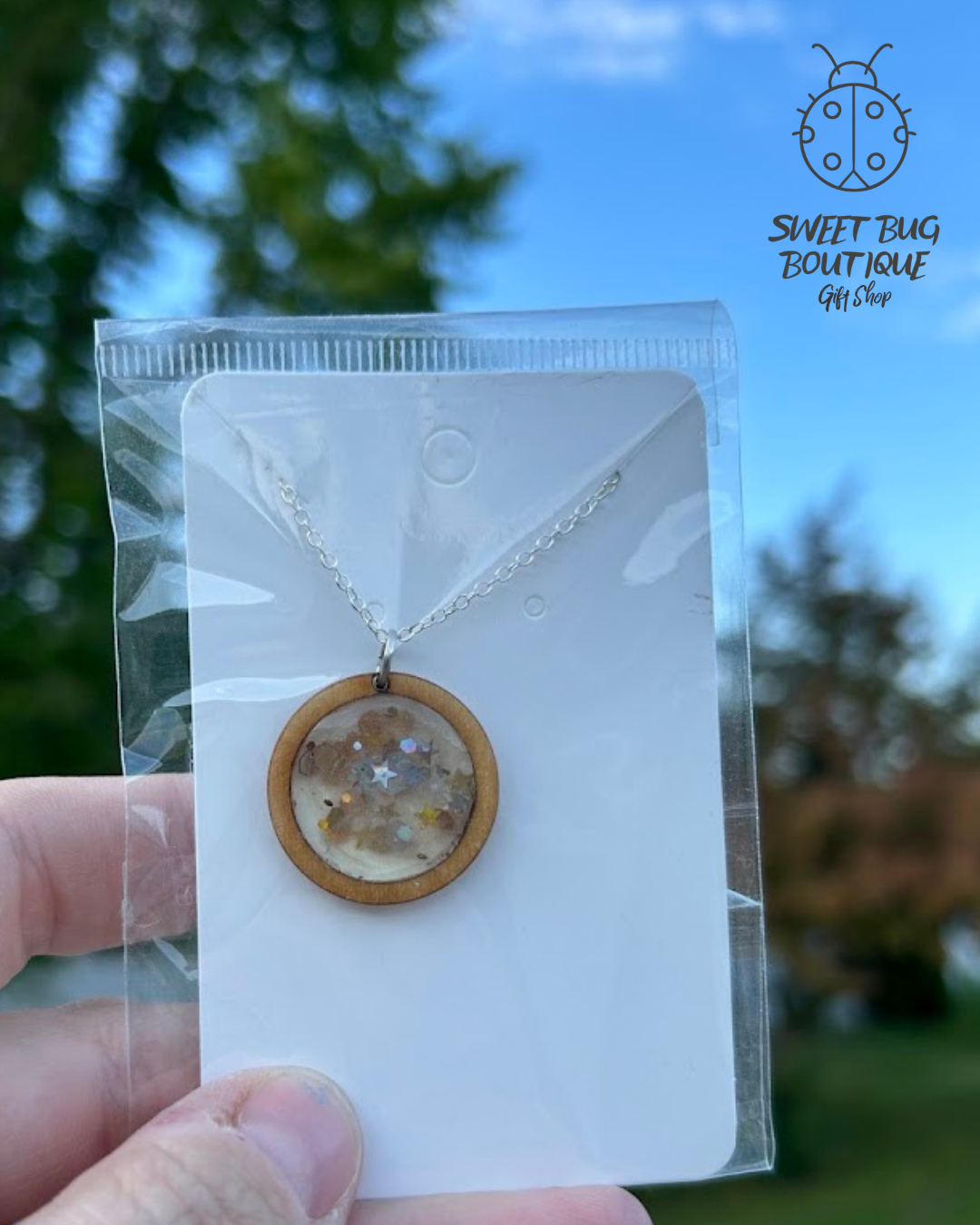 Necklace with Handmade Pendent Wooden Ring with Glitter Resin