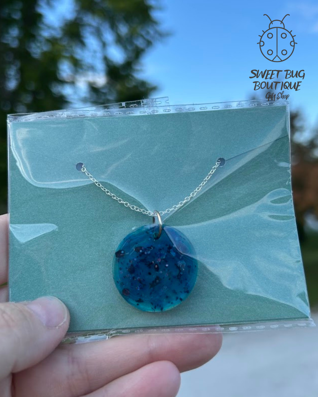 Necklace with Handmade Pendent Blue Glitter Resin Circle