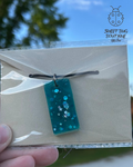 Necklace with Handmade Pendent Teal Glitter Resin Rectangle