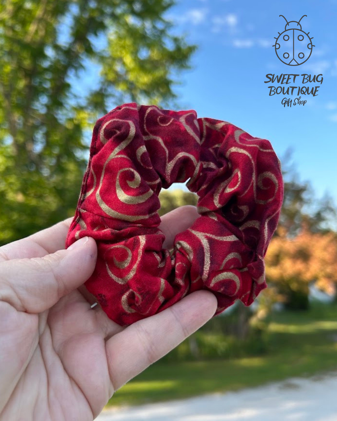 Hair Scrunchie Red with Gold Swirls