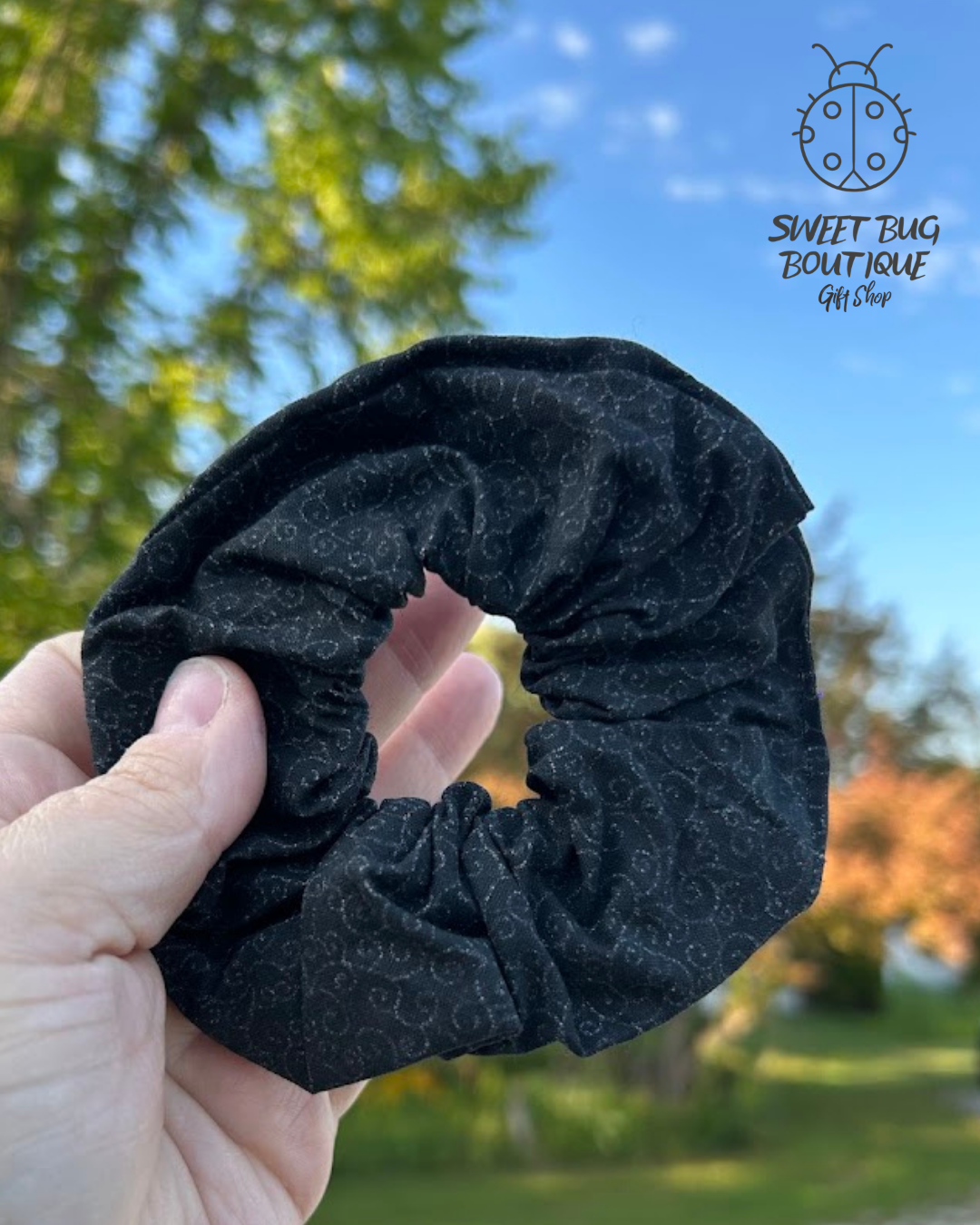 Hair Scrunchie Black with Silver Swirls